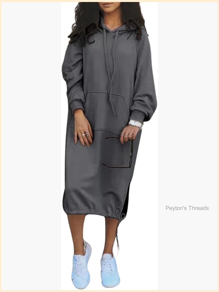 Casual Loose Solid Drawstring Hoodie Maxi Dress With Kangaroo Pocket